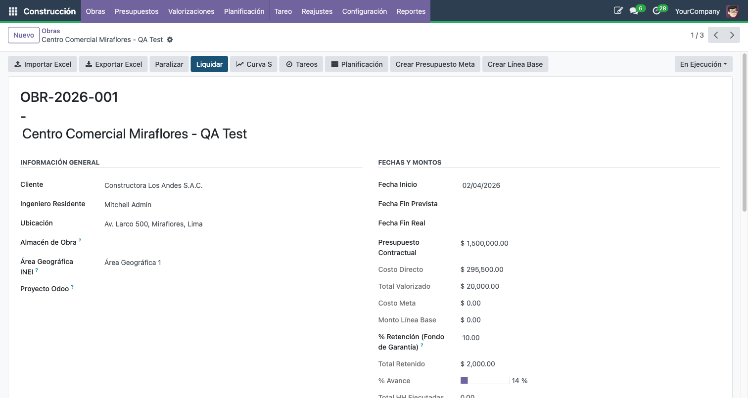 Formulario de obra con datos generales, desde aqui se accede a las partidas y su APU