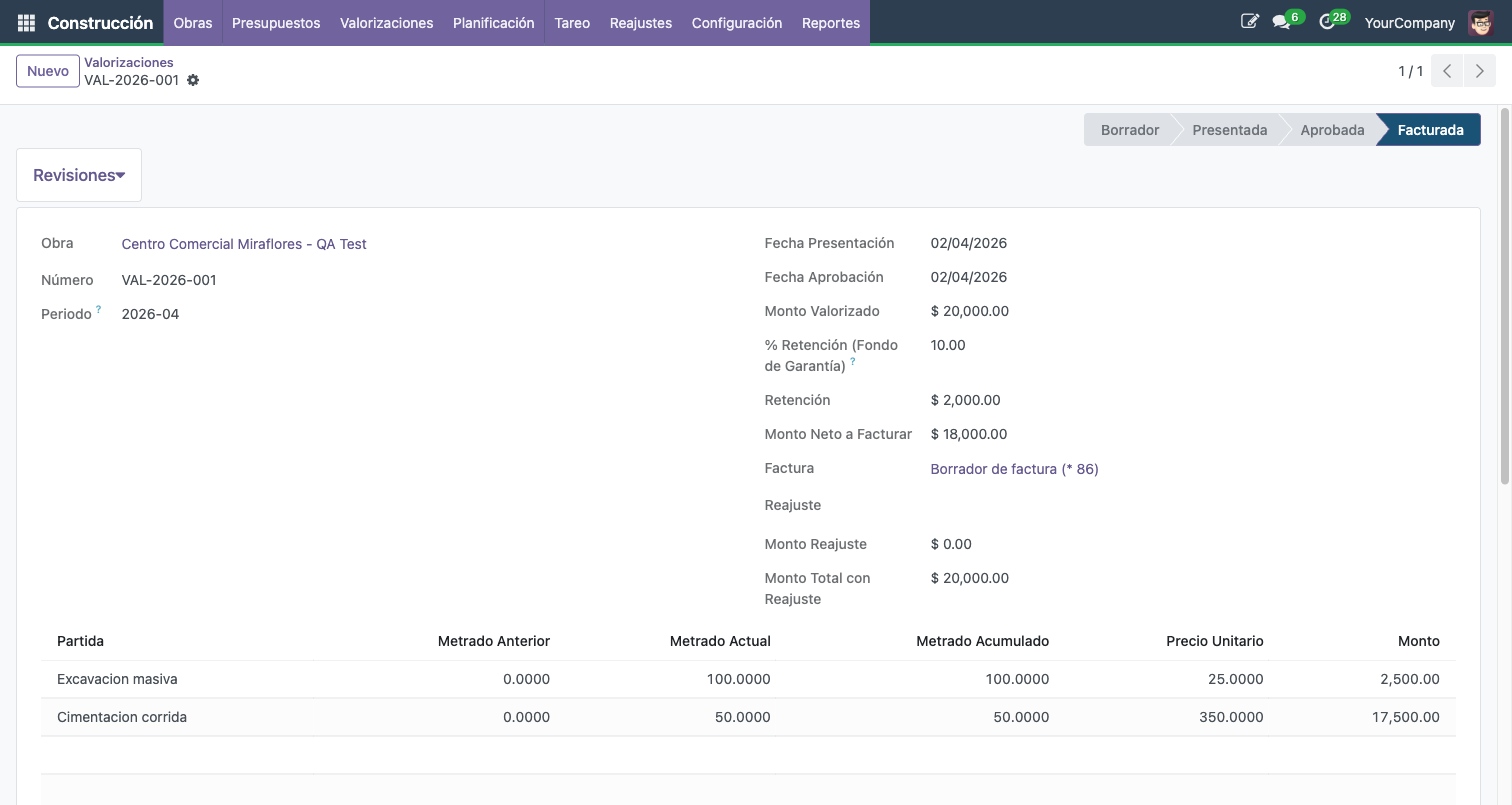 Valorizacion con datos completos: monto valorizado, retencion, neto a facturar y enlace a factura