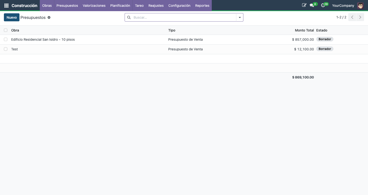 Lista de presupuestos mostrando Obra, Tipo (Venta/Meta), Monto Total y Estado