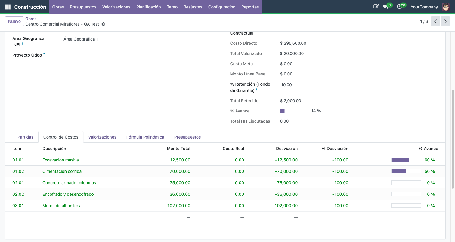 Pestana Control de Costos con comparativo Monto Total vs Costo Real y % Desviacion por partida