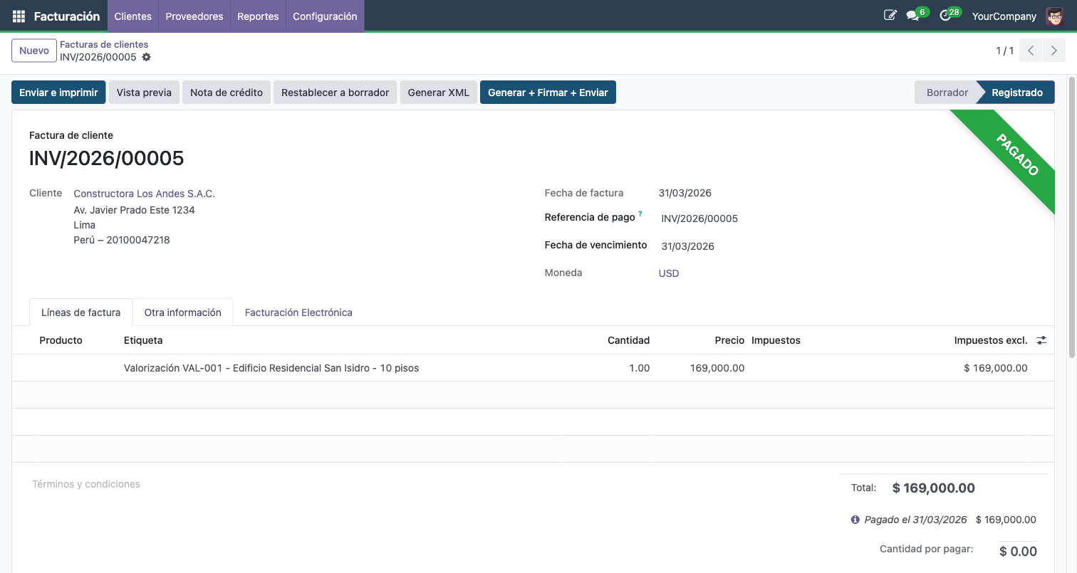Factura con botones Generar XML, Firmar y Enviar a SUNAT visibles en la barra superior