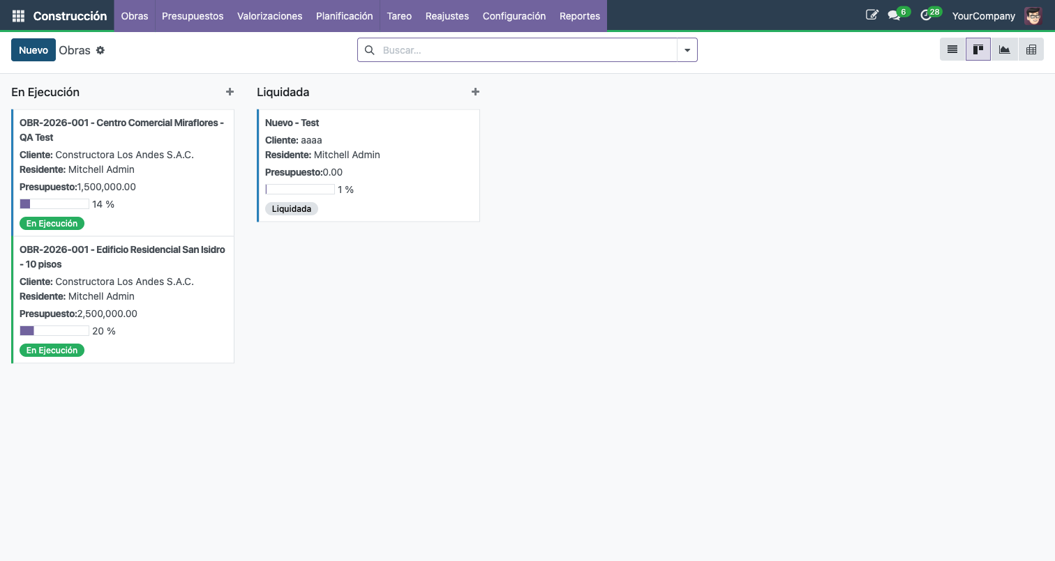 Vista Kanban con tarjetas de obras agrupadas por estado (En Ejecucion, Liquidada)