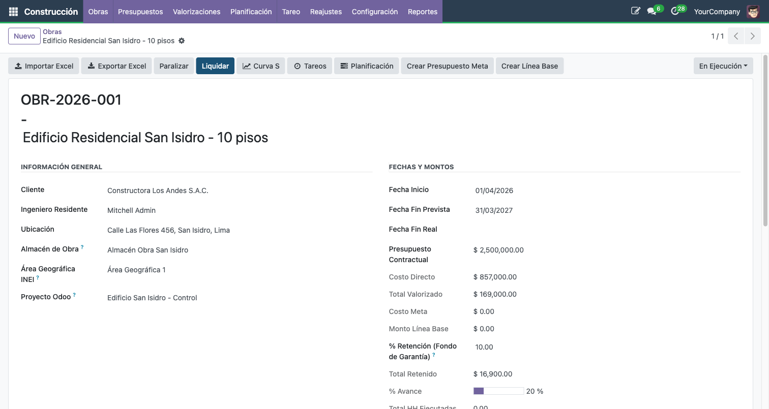 Cabecera de obra mostrando la barra de estados y botones de accion