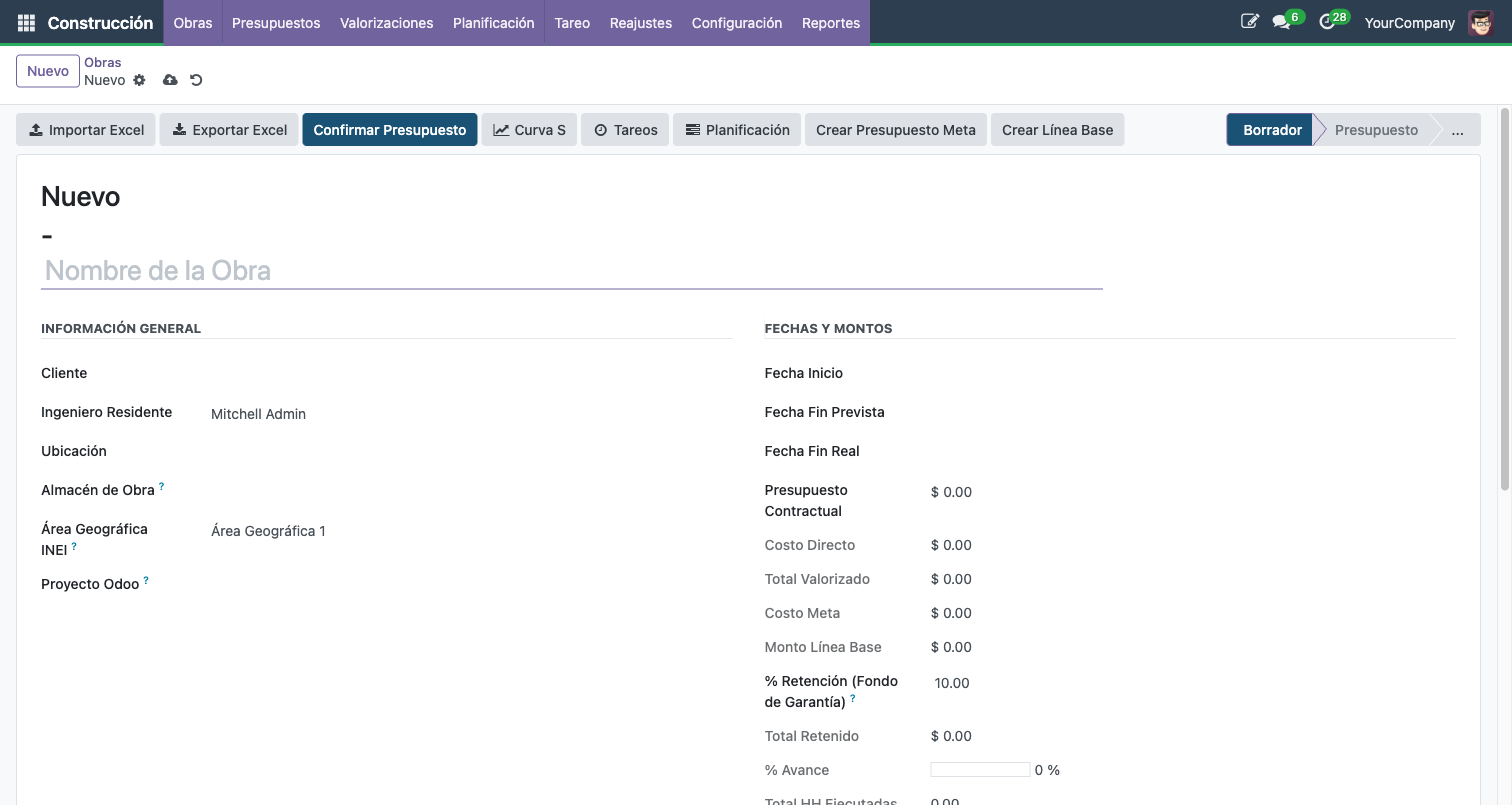 Formulario de nueva obra con campos de informacion general, fechas y montos