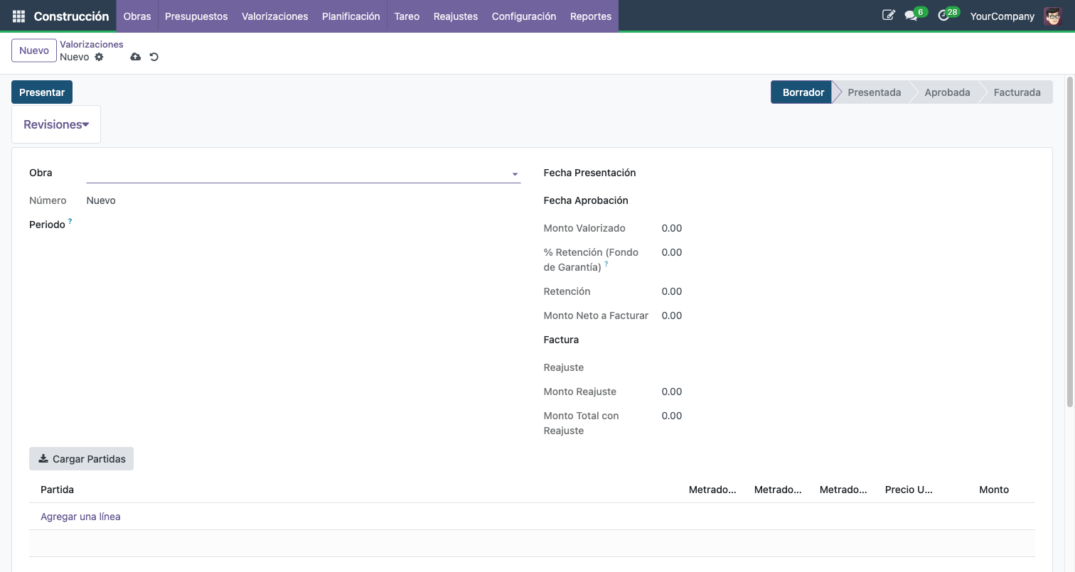 Formulario de nueva valorizacion en Borrador con campos de Obra, Periodo y lineas de partida
