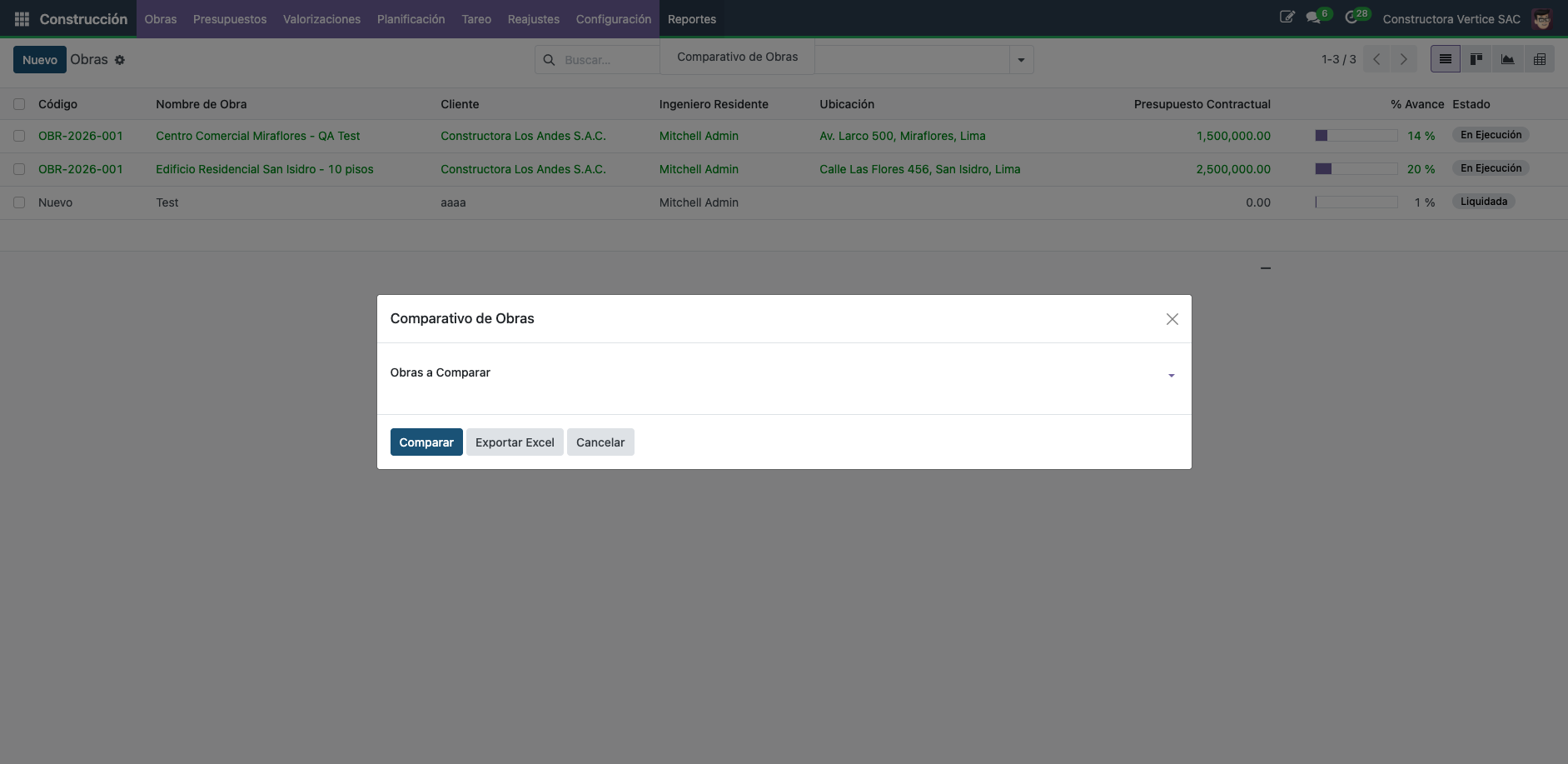 Wizard de Comparativo de Obras con selector de obras a comparar y botones Comparar / Exportar Excel