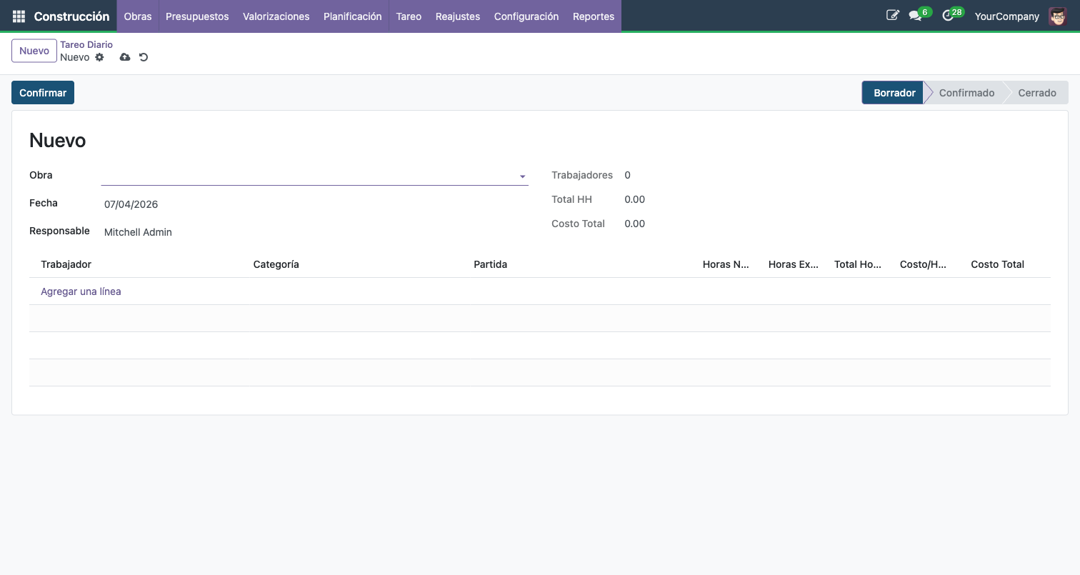 Formulario de tareo diario con campos de Obra, Fecha y lineas por trabajador con horas y costo