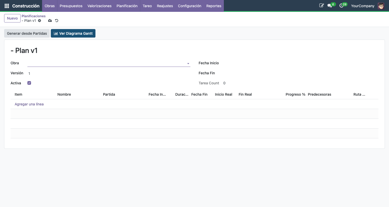 Formulario de planificacion con tabla de actividades, fechas, predecesoras y boton Ver Diagrama Gantt