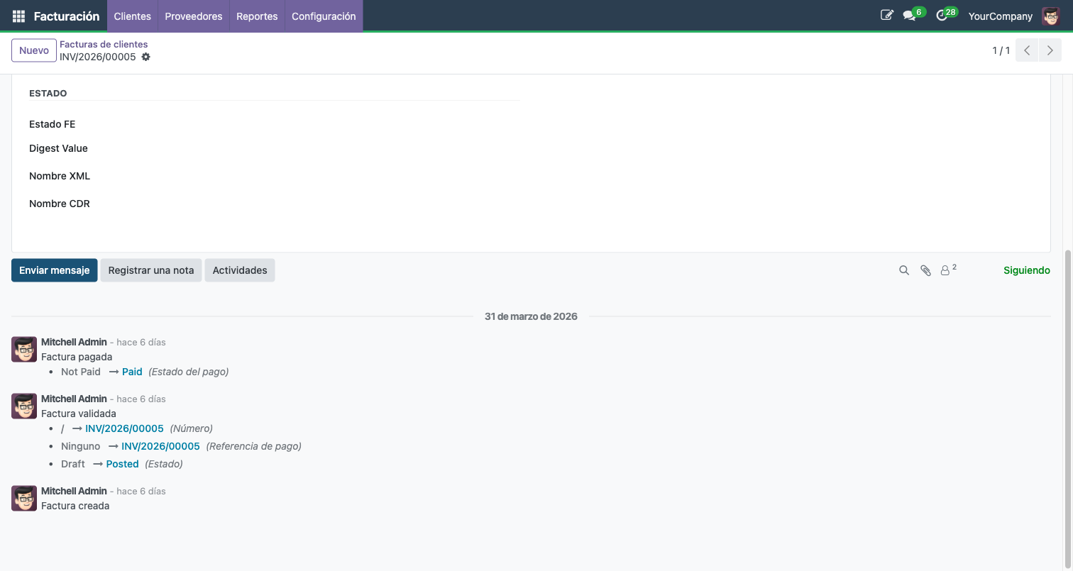 Pestana Facturacion Electronica mostrando Estado FE, Digest Value, Nombre XML y CDR